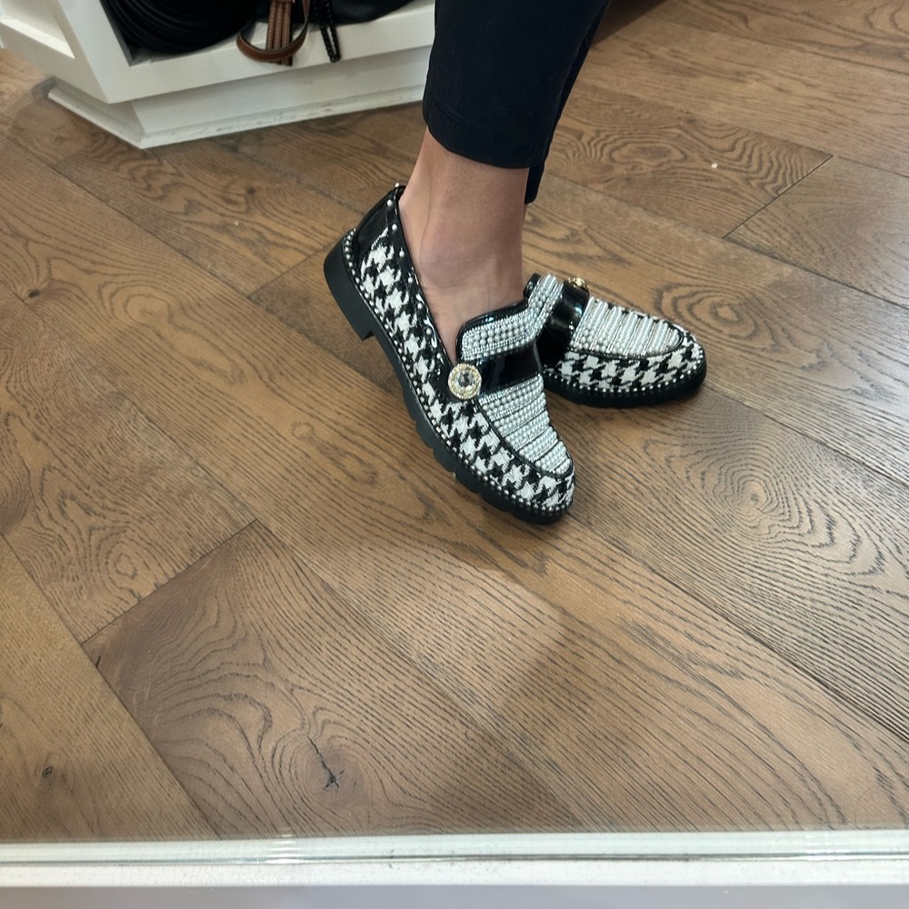 Betsey Johnson Stylish Black and White Mariam Houndstooth Loafers.